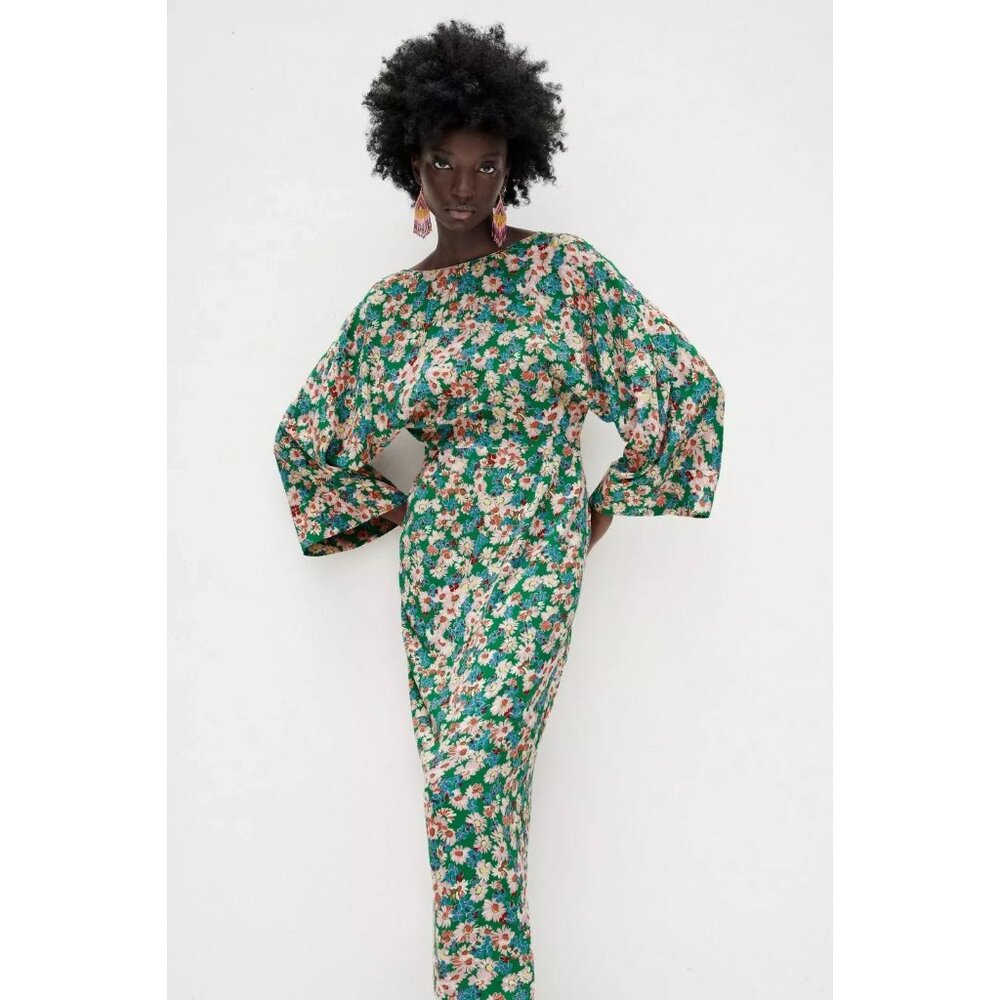 Zara Printed Floral Midi Dress in Green Medium New With Tags